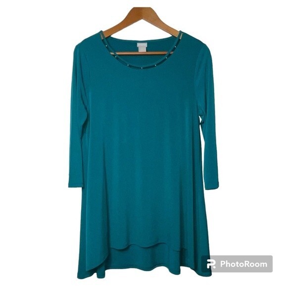 Chico's Green Round Neck Cut Out Beaded Pull Over Woman Blouse Size Chico's 1 M - Picture 1 of 4